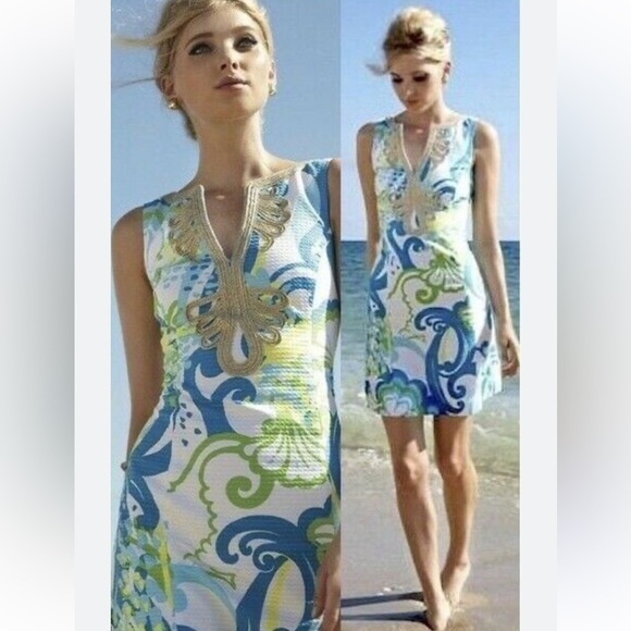 Lilly Pulitzer Janice Resort White Crystal Cost Shift Gold Dress Size 4 - Picture 7 of 11